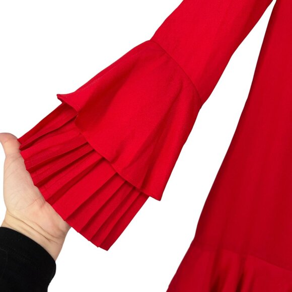 Tahari ASL Ruffle Pleat Detail Tie Neck Bell Sleeve Dress Red Size 2 NWOT - Picture 4 of 12